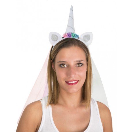 Serre-tête licorne blanc avec voilette arc-en-ciel
