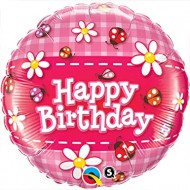Ballon Aluminium Happy Birthday avec Coccinelles et Fleurs