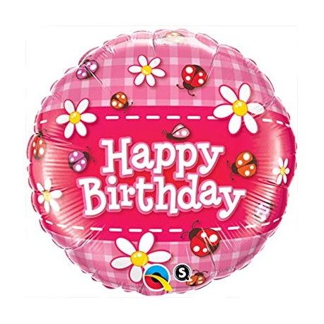 Ballon Aluminium Happy Birthday avec Coccinelles et Fleurs