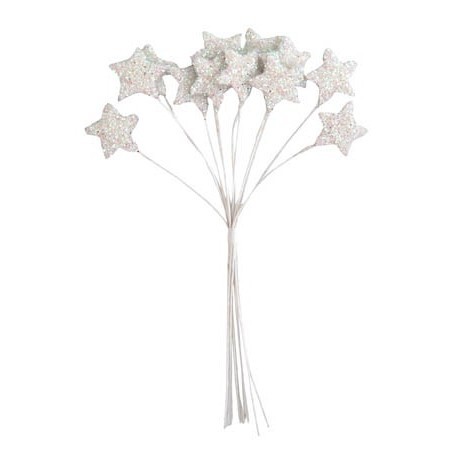 12 Tiges Mini Etoiles Paillettes Blanche